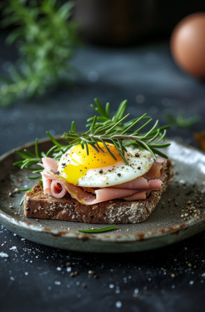 Delicious breakfast sandwich with ham and a sunny side up eggの素材