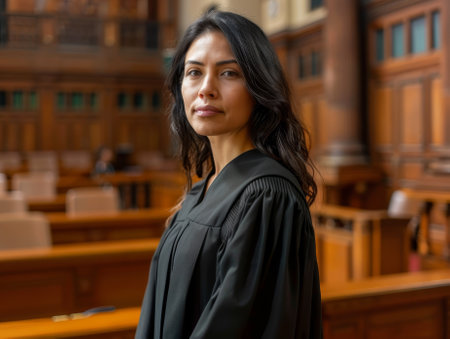 Confident female lawyer standing in a courtroomの素材