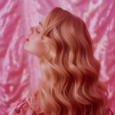 Profile view of a woman with flowing hair against a pink backgroundの素材