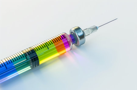 Colorful liquid in a syringe on a white backgroundの素材