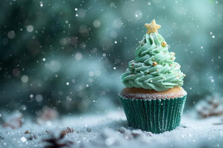 Festive Christmas Cupcake Decorated to Look Like a Snowy Pine Treeの素材