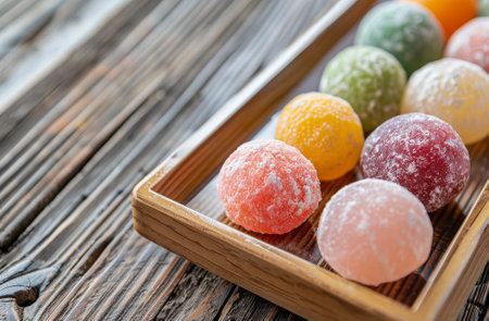 Assorted colorful mochi ice cream on a wooden trayの素材