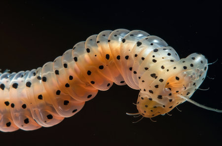 Close-up of a Spotted Caterpillar on a Dark Backgroundの素材