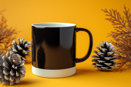 Black coffee mug with pine cones on a vibrant yellow backgroundの素材