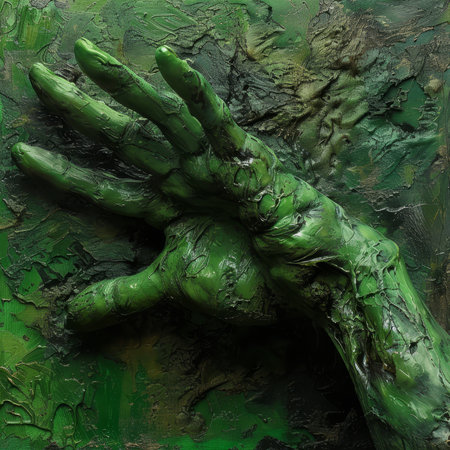Hand covered in green paint reaching out from textured backgroundの素材