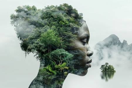 Double exposure portrait of a woman with natural landscapeの素材