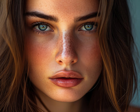 Close-up Portrait of a Young Woman with Frecklesの素材