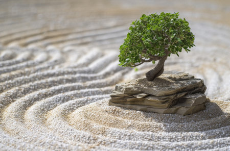 Zen Garden with Miniature Bonsai Tree on Raked Sandの素材