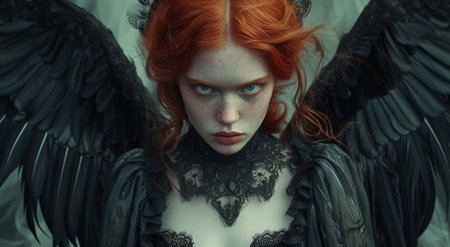 Mysterious woman with angel wings and intense gazeの素材