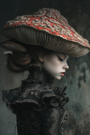 Elegant woman in vintage attire with ornate hatの素材