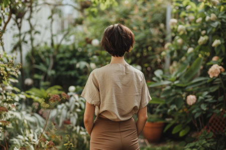 Woman enjoying a peaceful moment in a lush gardenの素材