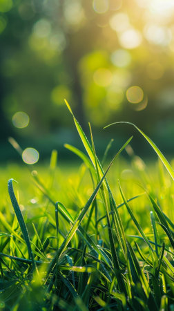 Sunlight filtering through fresh green grassの素材