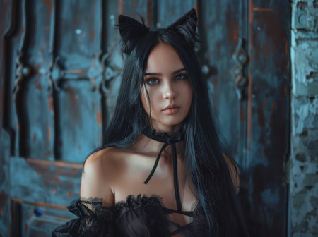 Mysterious Woman with Cat Ears Posing in a Dark Settingの素材