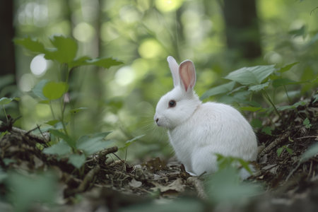 White rabbit sitting in a forest clearingの素材