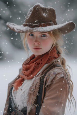 Young Woman in Winter Attire with Snowflakes Fallingの素材