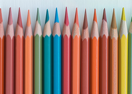 Row of Sharpened Colored Pencils Against a White Backgroundの素材