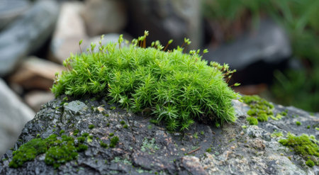 Lush green moss growing on a rock in a natural settingの素材