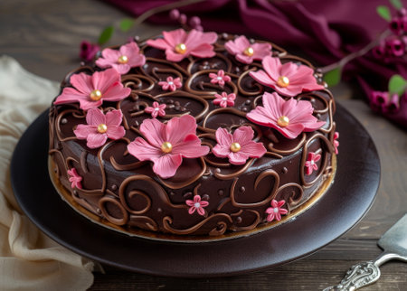 Elegant Chocolate Cake Decorated with Pink Flowersの素材