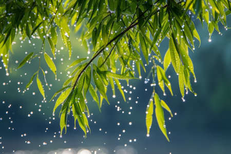 Fresh green leaves with water droplets in sunlightの素材