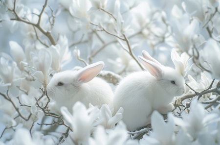 Two White Rabbits Nestled Amongst Magnolia Blossomsの素材