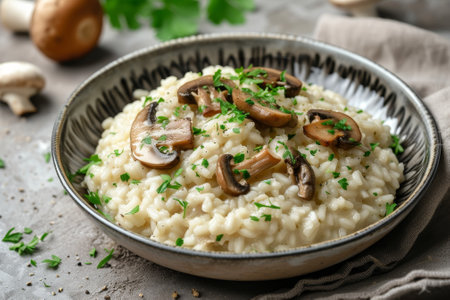 Creamy Mushroom Risotto in a Rustic Settingの素材