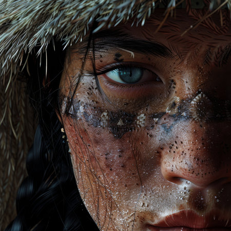 Close-up of a woman's face with dramatic lighting and water dropletsの素材