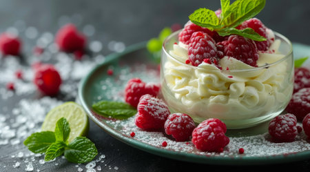 Fresh raspberries with whipped cream garnished with mint leavesの素材
