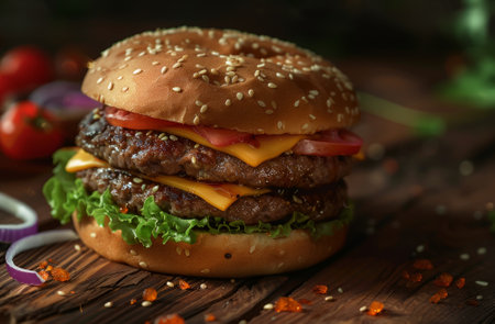 Juicy Double Cheeseburger on a Wooden Tableの素材