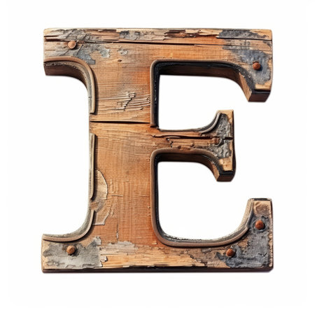 Vintage Wooden Letter E Isolated on White Backgroundの素材