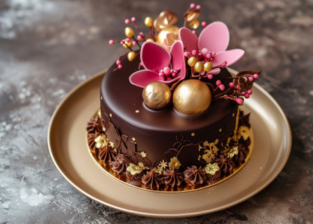 Elegant Chocolate Cake Decorated with Gold and Pink Accentsの素材