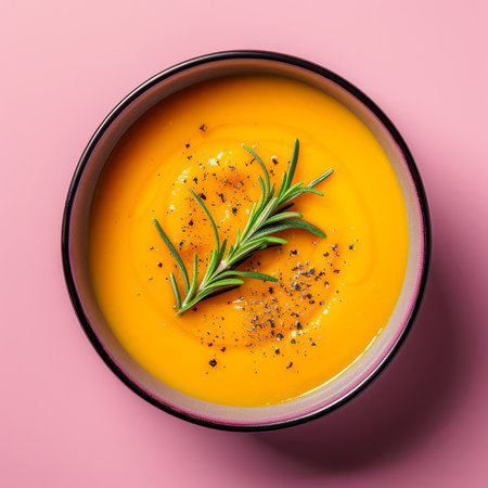 Vibrant Pumpkin Soup with Fresh Herbs on Pink Backgroundの素材