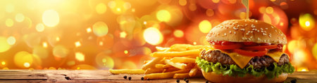 Delicious burger and fries on a wooden table with warm bokeh lights in the backgroundの素材