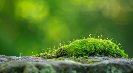 Lush green moss thriving on a rock with a soft bokeh backgroundの素材