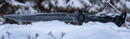 Tactical Knife Resting on Snowy Surfaceの素材