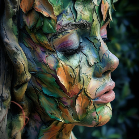 Colorful artistic representation of a human face with nature elementsの素材