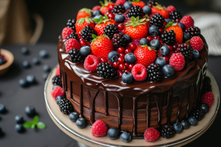 Decadent Chocolate Cake Adorned with Fresh Berries and Drizzled with Ganacheの素材