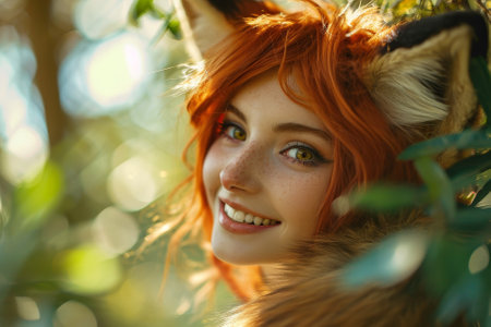 Smiling person with fox ears amidst green foliageの素材