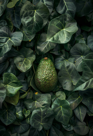 Ripe Avocado Nestled Among Fresh Green Leavesの素材