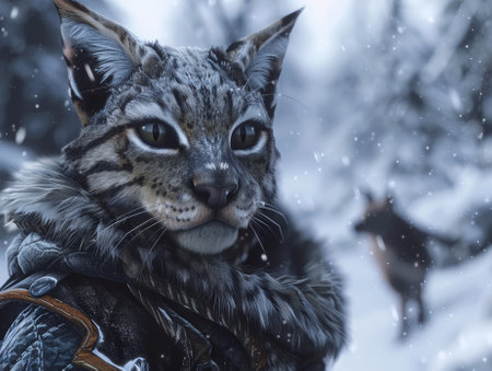 Fantasy warrior with feline features in a snowy landscapeの素材