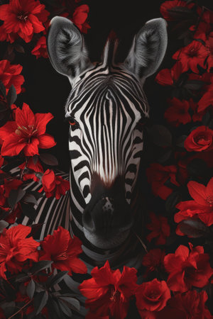 Zebra Surrounded by Red Flowers on a Black Backgroundの素材