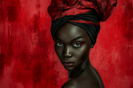 Portrait of a Woman with a Colorful Headwrap Against a Red Backgroundの素材