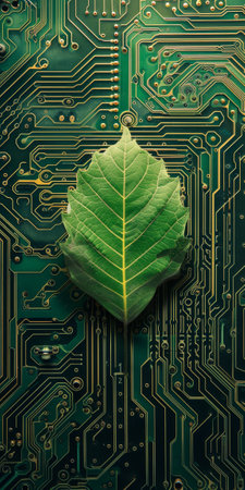 Green leaf on a circuit board representing eco-friendly technologyの素材