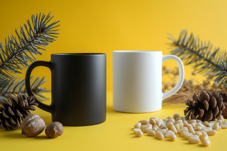 Black and white mugs with pine cones and nuts on a yellow backgroundの素材