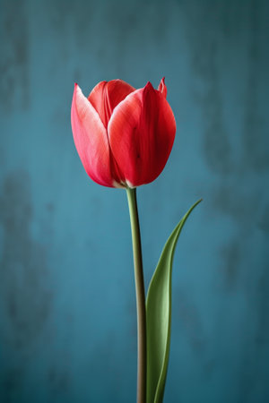 Single Red Tulip Against a Blue Backgroundの素材