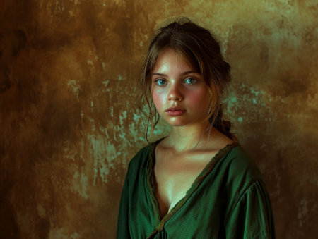 Serene Young Woman in Vintage Dress Posing Against Textured Backgroundの素材