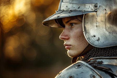 Young medieval knight in armor looking into the distanceの素材