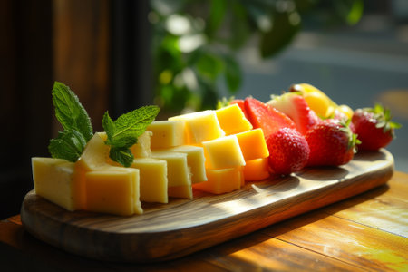 Assorted Cheese and Fresh Fruit Platter on Wooden Boardの素材