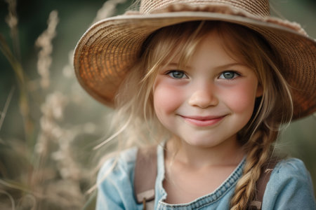 Smiling Child in a Sun Hat Outdoorsの素材