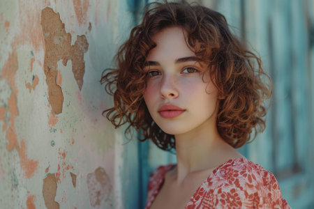 Young woman with curly hair standing against a textured wallの素材