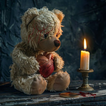 Teddy bear holding a heart with a candle burning beside itの素材